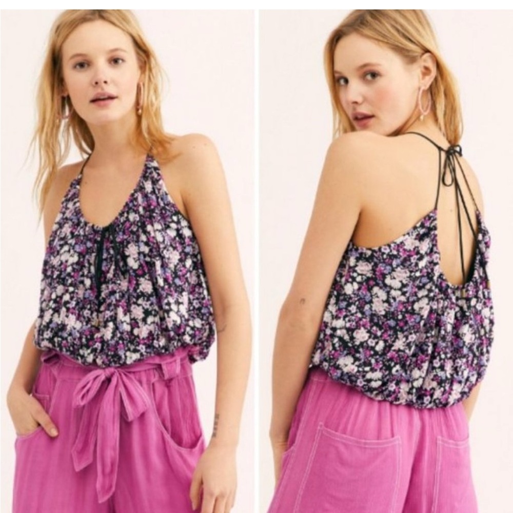Free People Daisy Babe Tank Top Women’s XS Black Purple Floral New With Tags